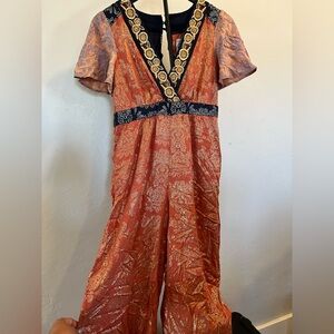 Anthropologie Navy and Coral Floral jumpsuit